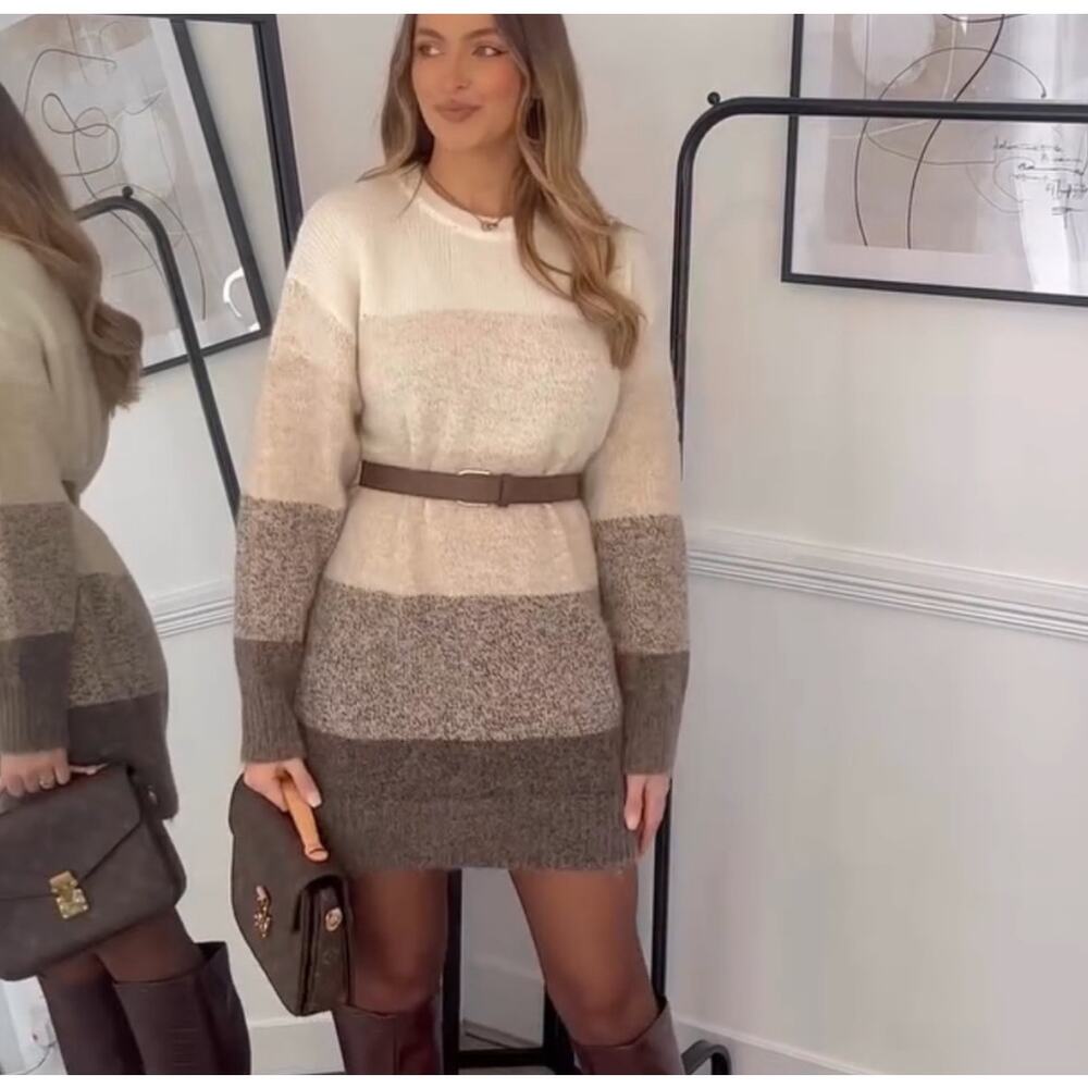 Zara Women's Striped Mini Dress - Cream, Brown, Gray - Picture 2 of 10